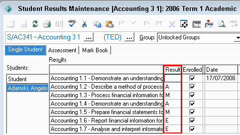 Student Results Maintenance - Single Student tab (cut down)