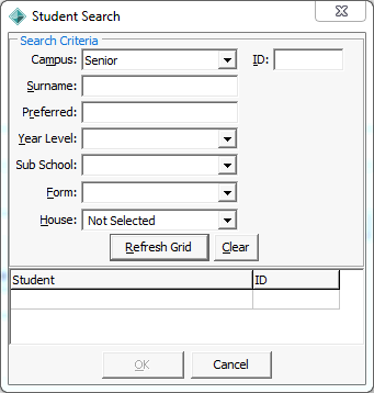 Student Search window