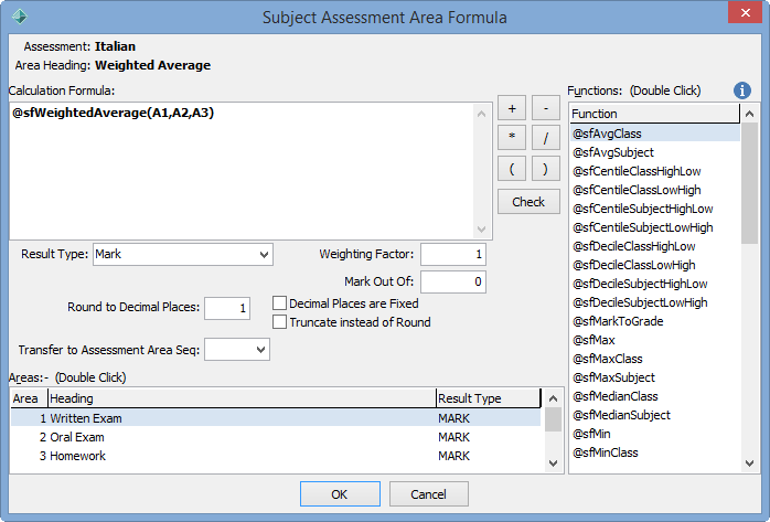 Subject Assessment Area Formula window