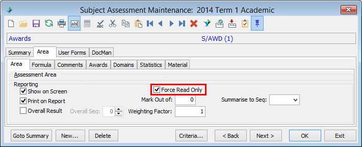 Subject Assessment Maintenance - Area tab - Area sub-tab (Force Read Only field highlighted, awards example)