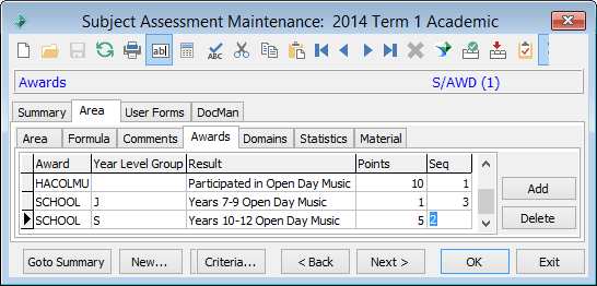 Subject Assessment Maintenance - Area tab - awards sub-tab (two awards example)