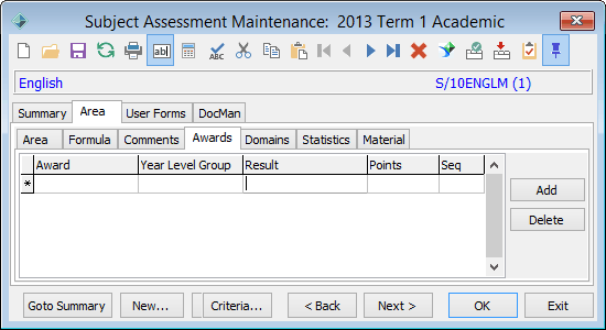 Subject Assessment Maintenance - Area tab - Awards sub-tab