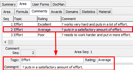 Subject Assessment Maintenance - Area tab - Comments sub-tab (grid area)