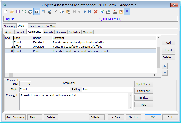 Subject Assessment Maintenance - Area tab - Comments sub-tab