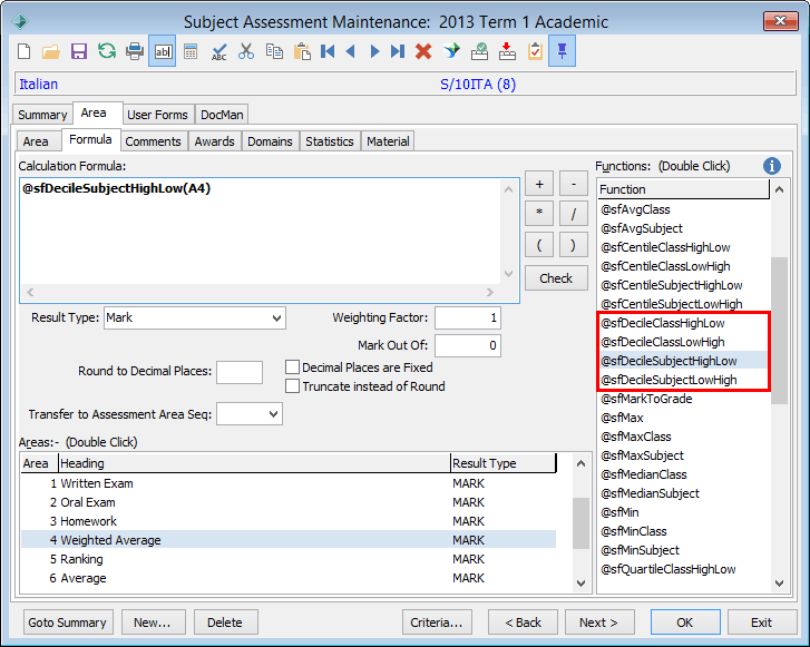 Subject Assessment Maintenance - Area tab - Formula sub-tab (@sfDecileSubjectHighLow example)