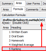 Subject Assessment Maintenance - Area tab -Subject Assessment Maintenance - Area tab - Formula sub-tab (@sfDecileSubjectLowHigh, cut down)