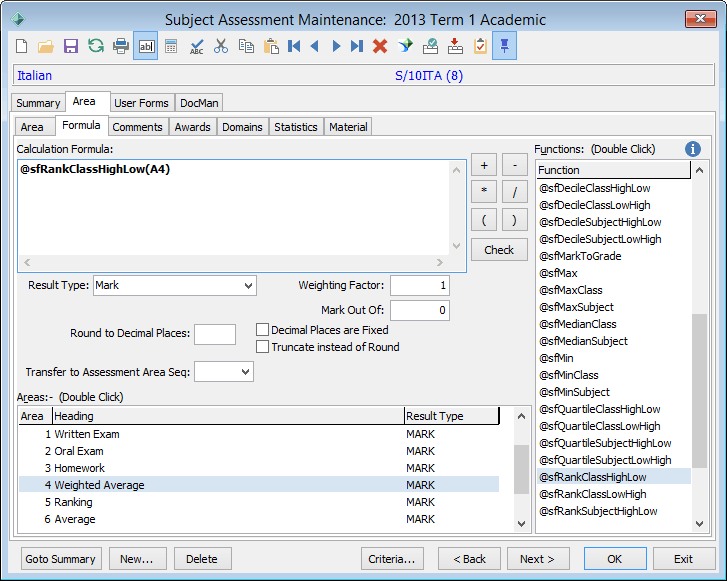 Subject Assessment Maintenance - Area tab - Formula sub-tab (@sfRankClassHighLow example)