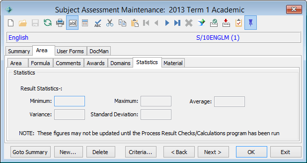 Subject Assessment Maintenance - Area tab - Statistics sub-tab