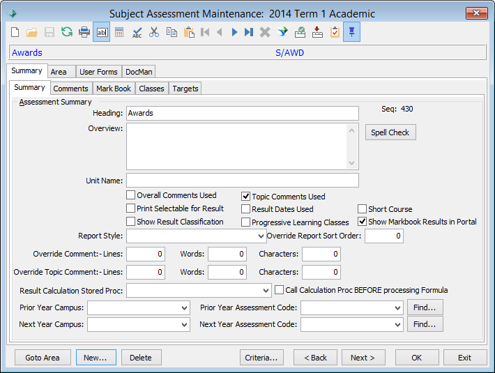 Subject Assessment Maintenance window (initial view, awards example)