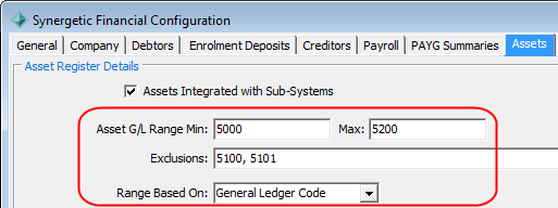 Synergetic Financial Configuration - Assets tab (v64 fields)