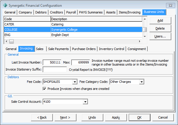 Finance Configuration Maintenance - Business Units - Invoicing sub-tab