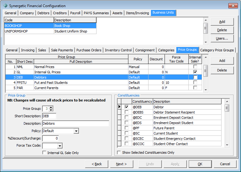 Synergetic Financial Configuration - Business Units - Price Groups sub-tab