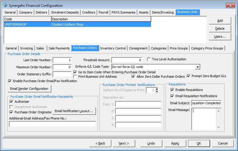 Synergetic Financial Configuration - Business Units tab - Purchase Orders sub-tab
