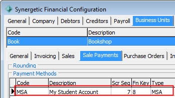 Synergetic Financial Configuration - Business Units - Sale Payments (MSA highlighted)