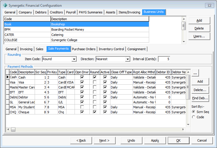 Finance Configuration Maintenance - Business Units - Sale Payments sub-tab