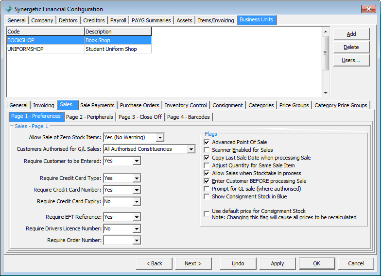 Finance Configuration Maintenance - Business Units - Sales sub-tab - Page 1 sub-sub-tab