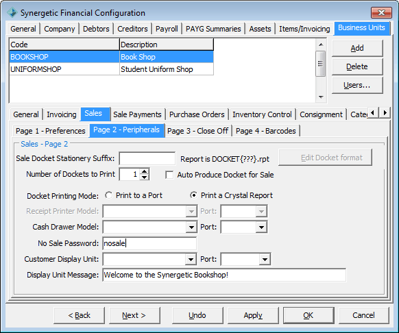 Finance Configuration Maintenance - Business Units - Sales sub-tab - Page 2 sub-sub-tab