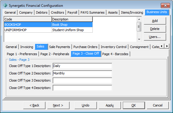 Finance Configuration Maintenance - Business Units - Sales sub-tab - Page 3 sub-sub-tab