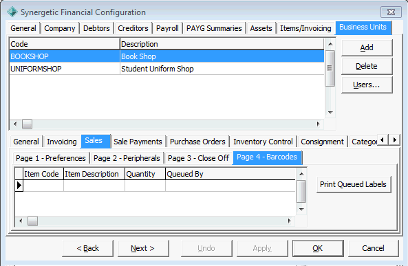 Synergetic Financial Configuration - Business Units - Sales - Page 4 sub-tab