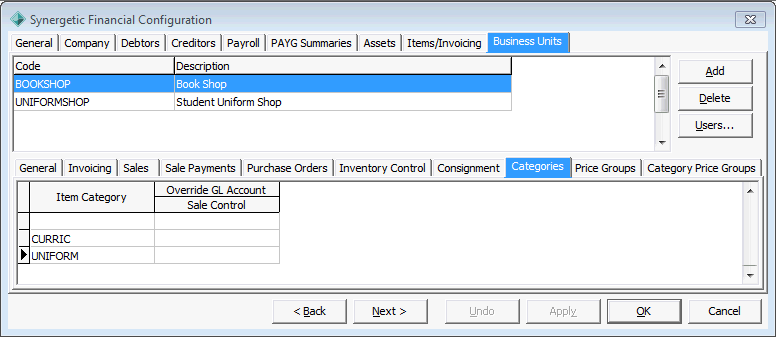 Synergetic Financial Configuration - Business Units tab - Categories sub-tab
