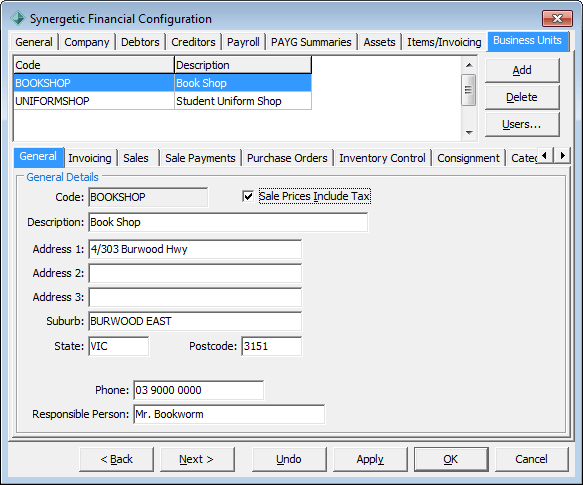 Finance Configuration Maintenance - Business Units tab