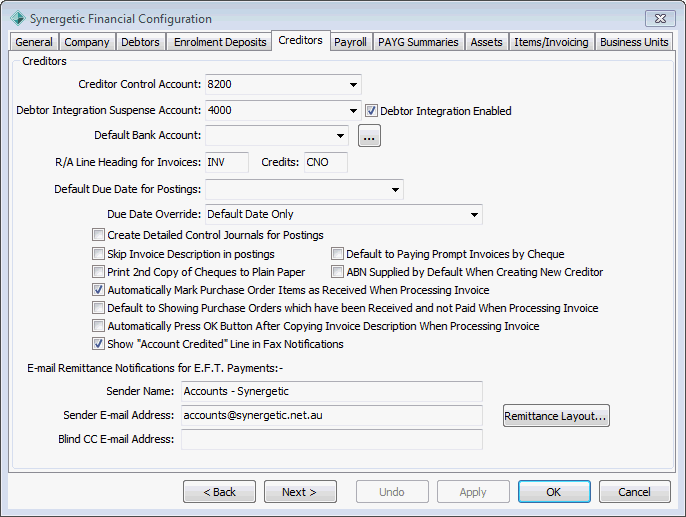 Finance Configuration Maintenance - Creditors tab