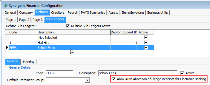 Synergetic Financial Configuration - Debtors - Sub Ledgers (Allow Auto Allocation field highlighted)