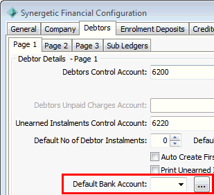 Synergetic Financial Configuration - Debtors tab (cut down, default bank account highlighted)