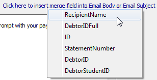 Synergetic Financial Configuration - Debtors tab (Select merge field from menu)