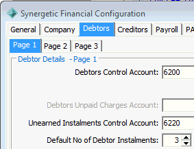 Synergetic Financial Configuration - Debtors tab - Page 1 sub-tab (cut down)