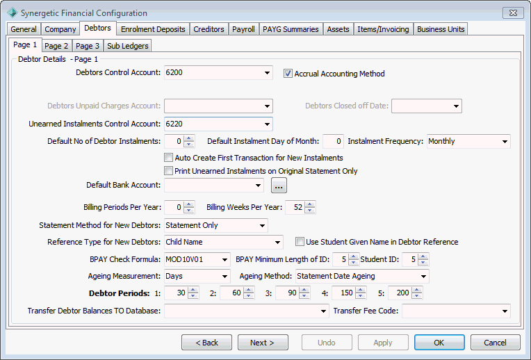 Finance Configuration Maintenance - Debtors tab