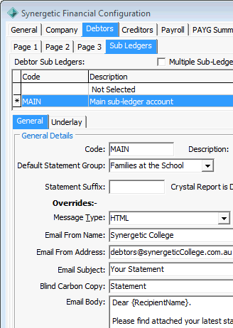 Synergetic Financial Configuration - Debtors tab - Sub Ledgers sub-tab (cut down, whats new)