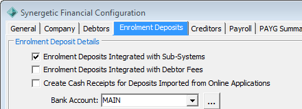 Synergetic Financial Configuration - Enrolment Deposits tab (cutdown for wn)