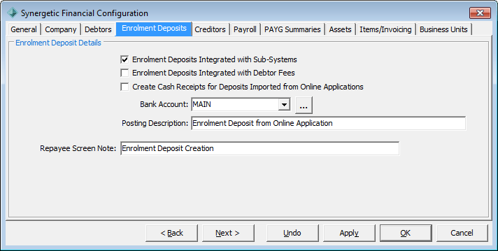 Synergetic Financial Configuration - Enrolment Deposits tab