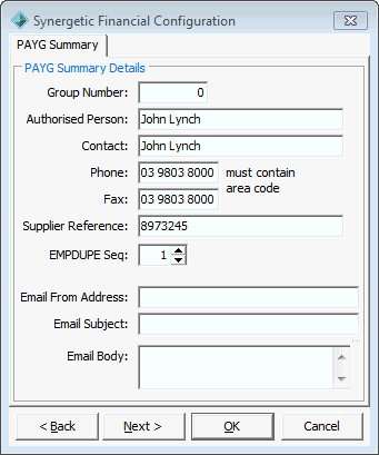 Synergetic Financial Configuration - PAYG Summary tab
