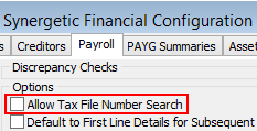 Synergetic Financial Configuration - Payroll tab (Allow Tax File Number Search, wn66)