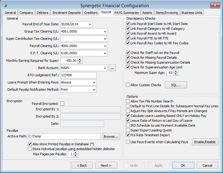 Synergetic Financial Configuration - Payroll tab (cut down)