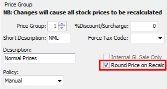 Synergetic Financial Configuration Maintenance - Business Units tab - Price Groups sub-tab (round price highlighted)