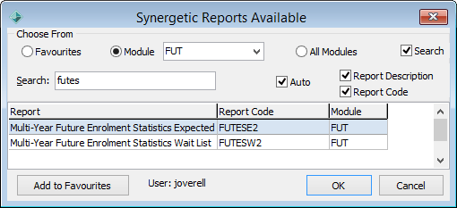 Synergetic Reports Available window (Multi-Year Future Enrolment Statistics reports)