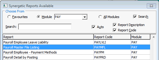 Synergetic Reports Available - Payroll Master File Listing