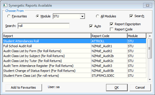 synergetic reports available - student module, search for roll