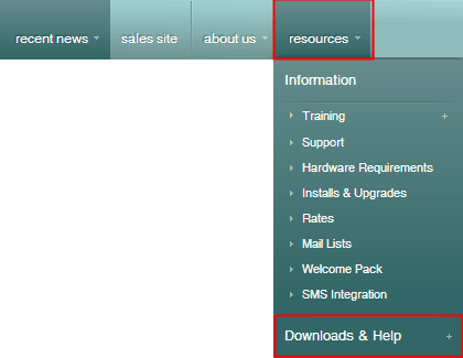 Synergetic Website menu (downloads and help highlighted)