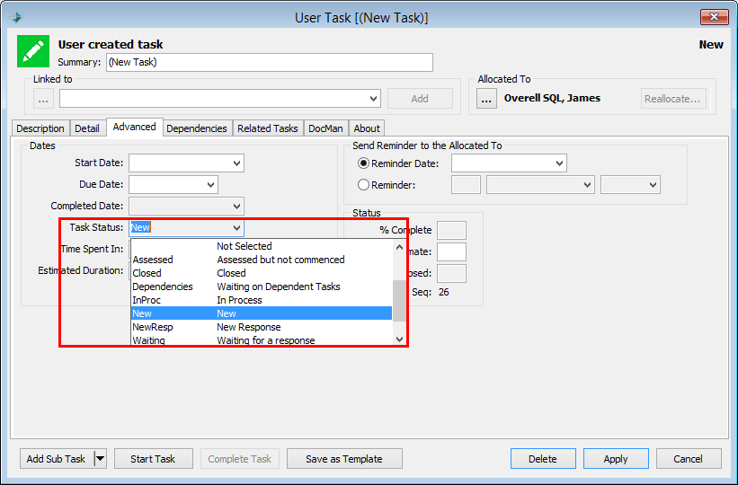 Task window (task status highlighted)
