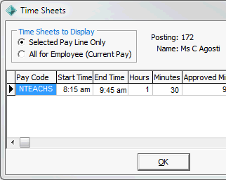 Time Sheets window (cut down)