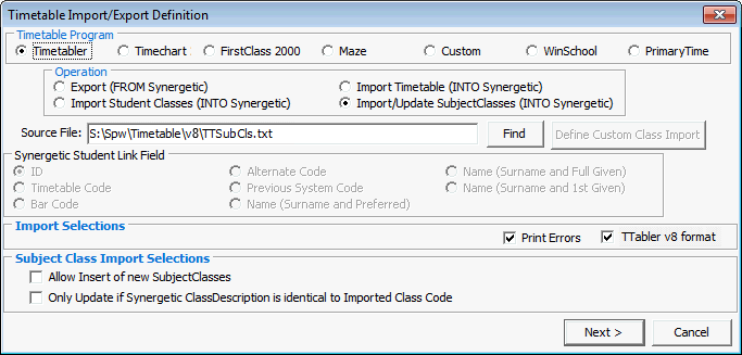 Timetable Import/Export Definition window
