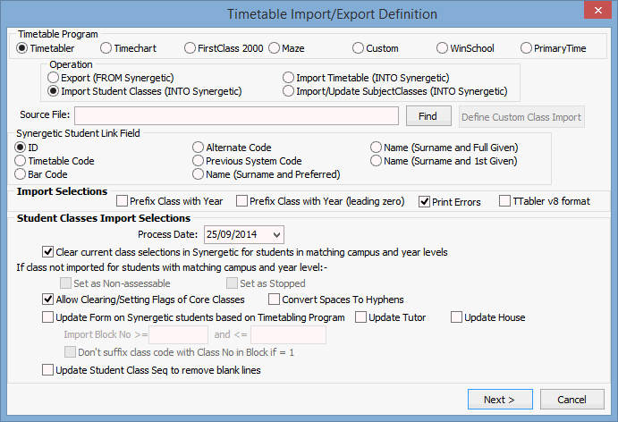 Timetable Import/Export Definition window (cut down)