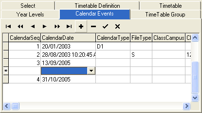 Timetable Maintenance - Calendar Events tab (cut down)