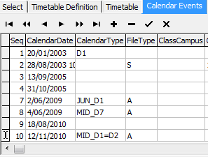 Timetable Maintenance - Calendar Events tab (override timetable definition, cut down)
