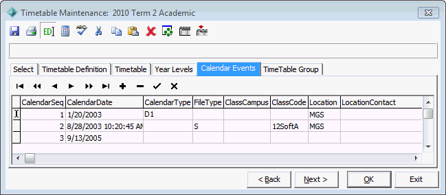 Timetable Maintenance - Calendar Events tab (system maintenance example)