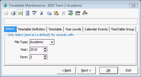 Timetable Maintenance - Select tab